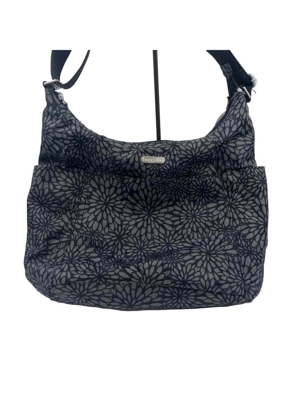 BAGGALLINI Black Gray Floral Print Nylon Crossbody Purse